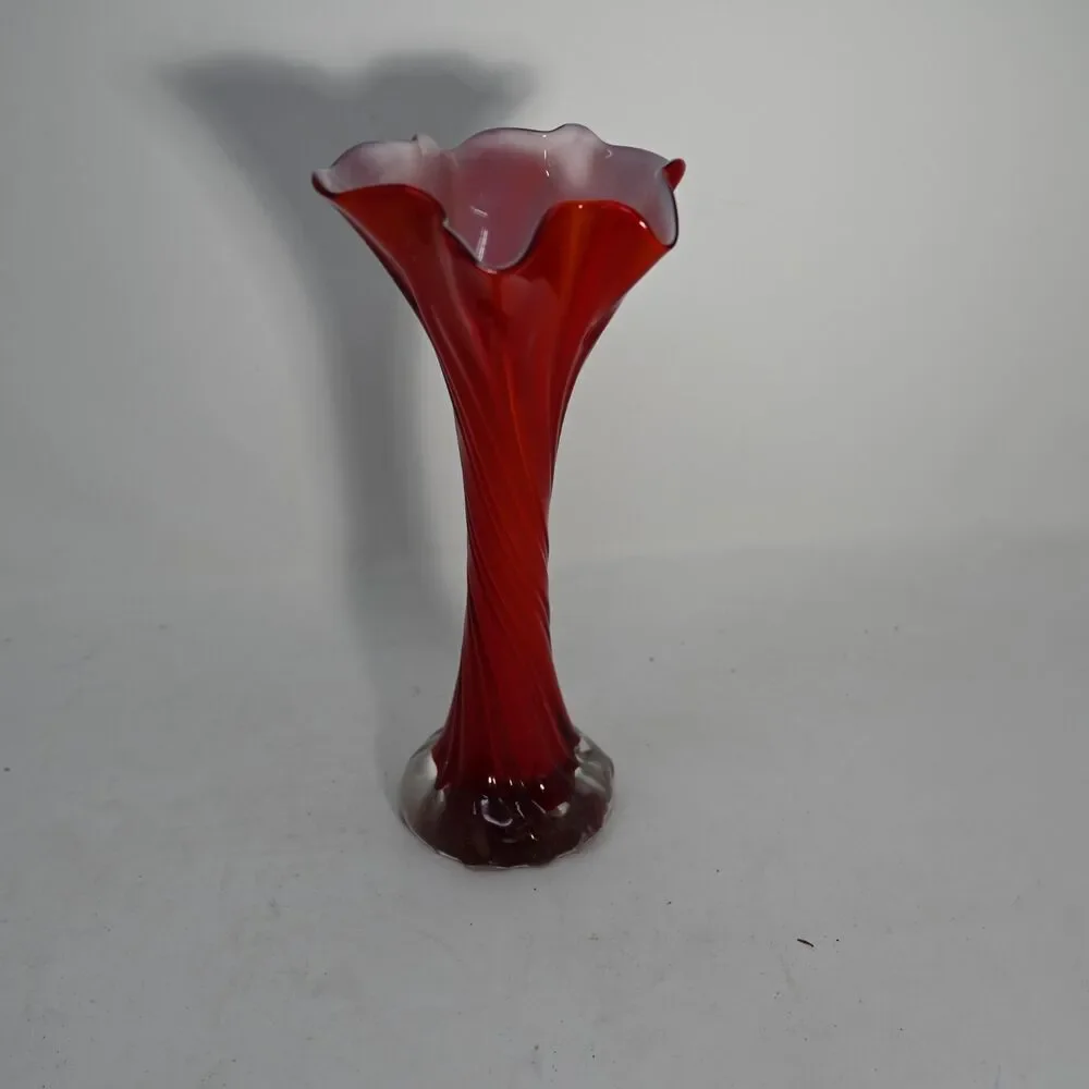 Vintage Czech Red Art Glass Bud Vase Fluted Twist Swirl Ruffled Rim 10 Inch